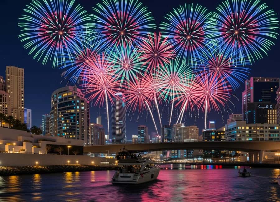 Dubai: New Year Eve Luxury Yacht Fireworks View & BBQ Cruise - The fireworks view from open water