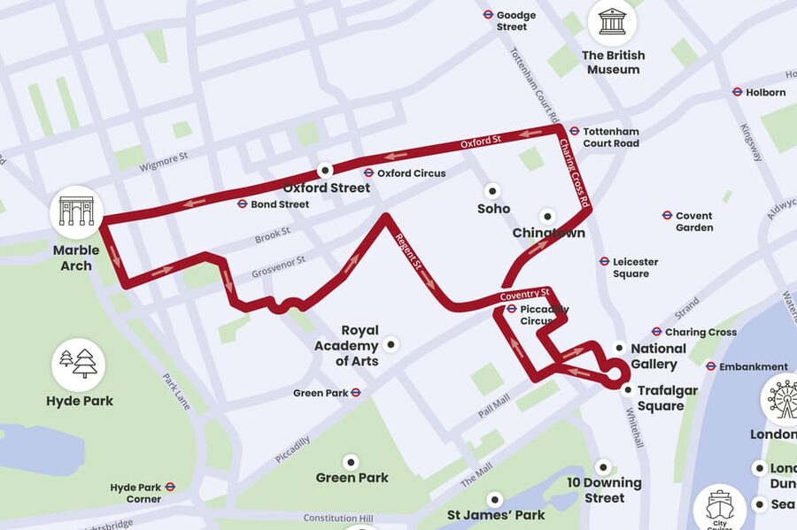 London: Tootbus Christmas Lights Tour incl walking tours - Coventry Street sets the festive scene